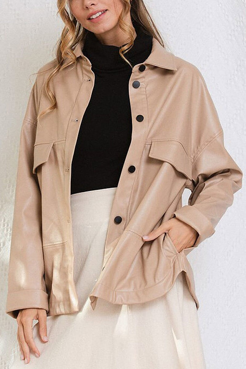 Long sleeve button up pu pleather jacket (EDWT8459)