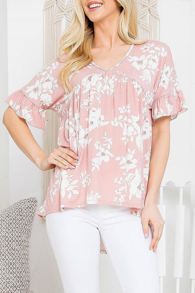 Ruffle sleeve hi low hem floral yoke top (EF3657)