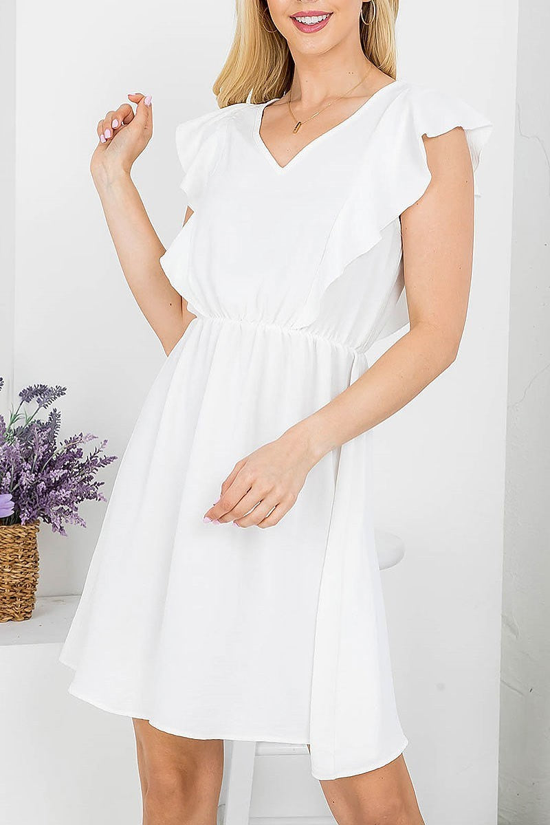 V neck ruffle sleeve a line dress (DED7826)