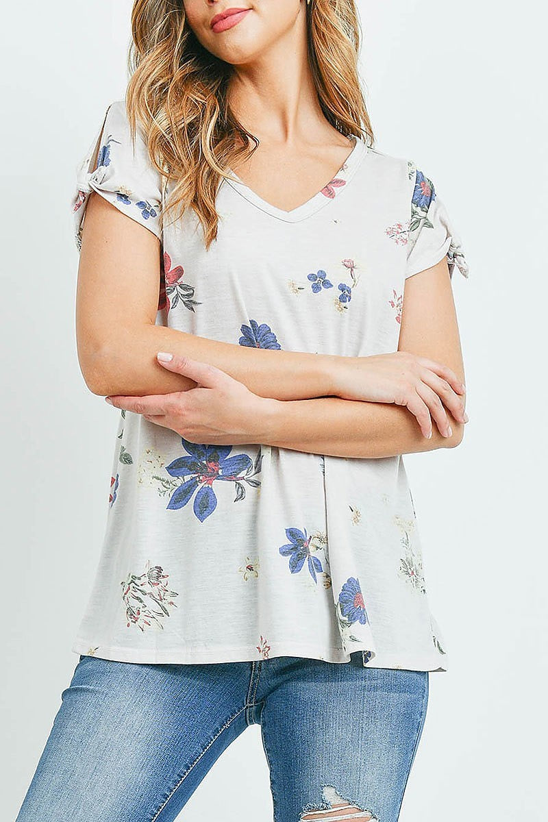 V neck floral print tie sleeve top (ED9346-1)