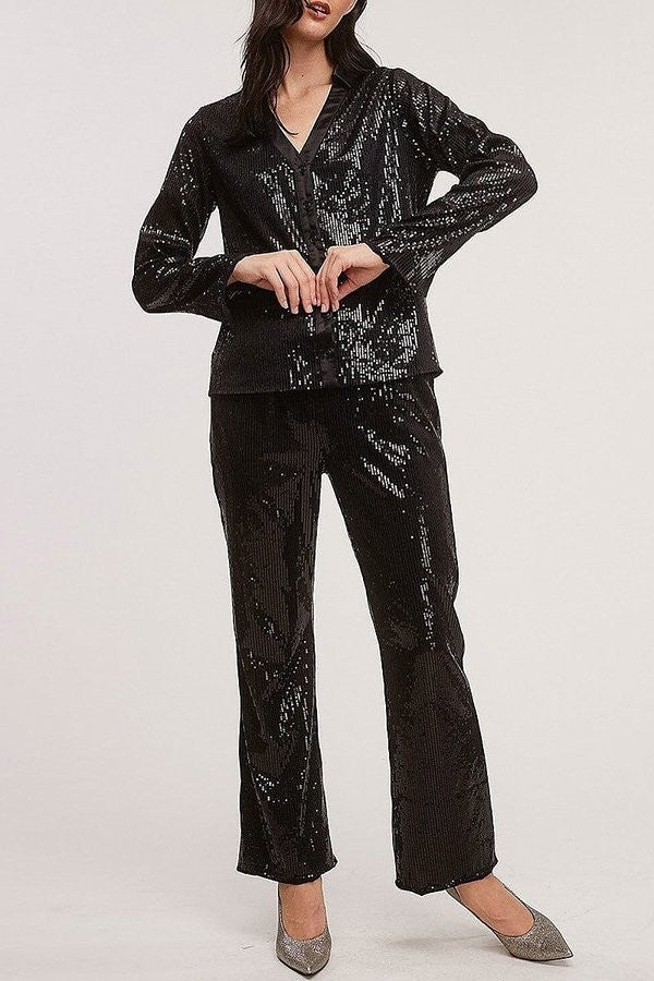 Button up blouse & wide leg pants sequins 2pc. set (EFWT5480)