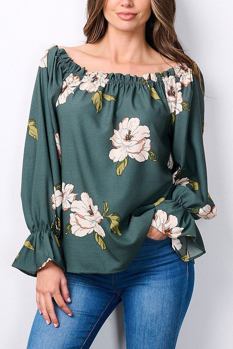 Long sleeve elastic neck floral blouse top (EFWT7481)