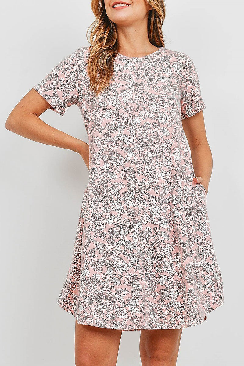 Short sleeves paisley round hem pocket dress (DED6353)