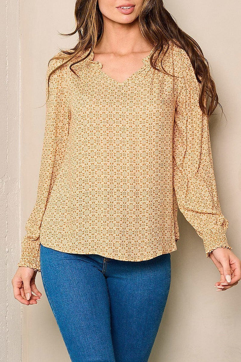 Long sleeve v-neck floral blouse top (EFWT4239)