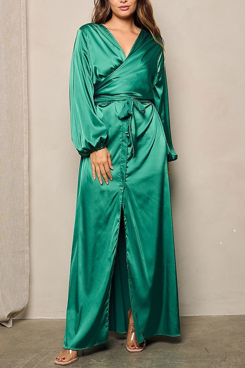 Long sleeves self tie wrap maxi dress (EFWT4384)