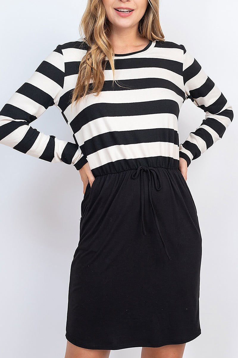 Stripe top elastic waist solid hem dress (DED6874)