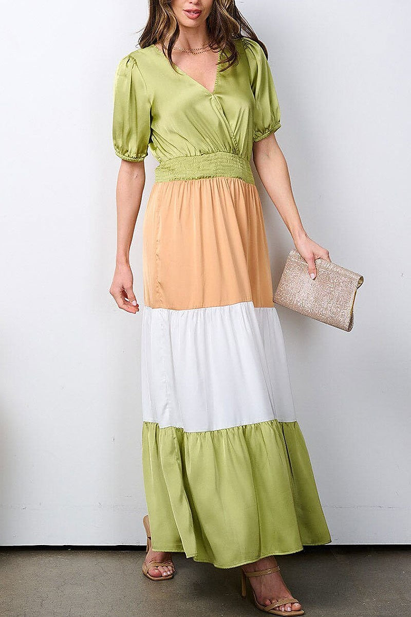 Surplice smock waist colorblock maxi dress (EFWT7326)