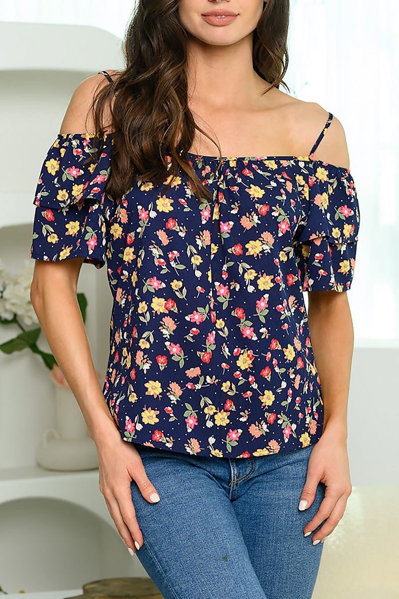 Cold shoulder ruffle floral top (EDWT6070)