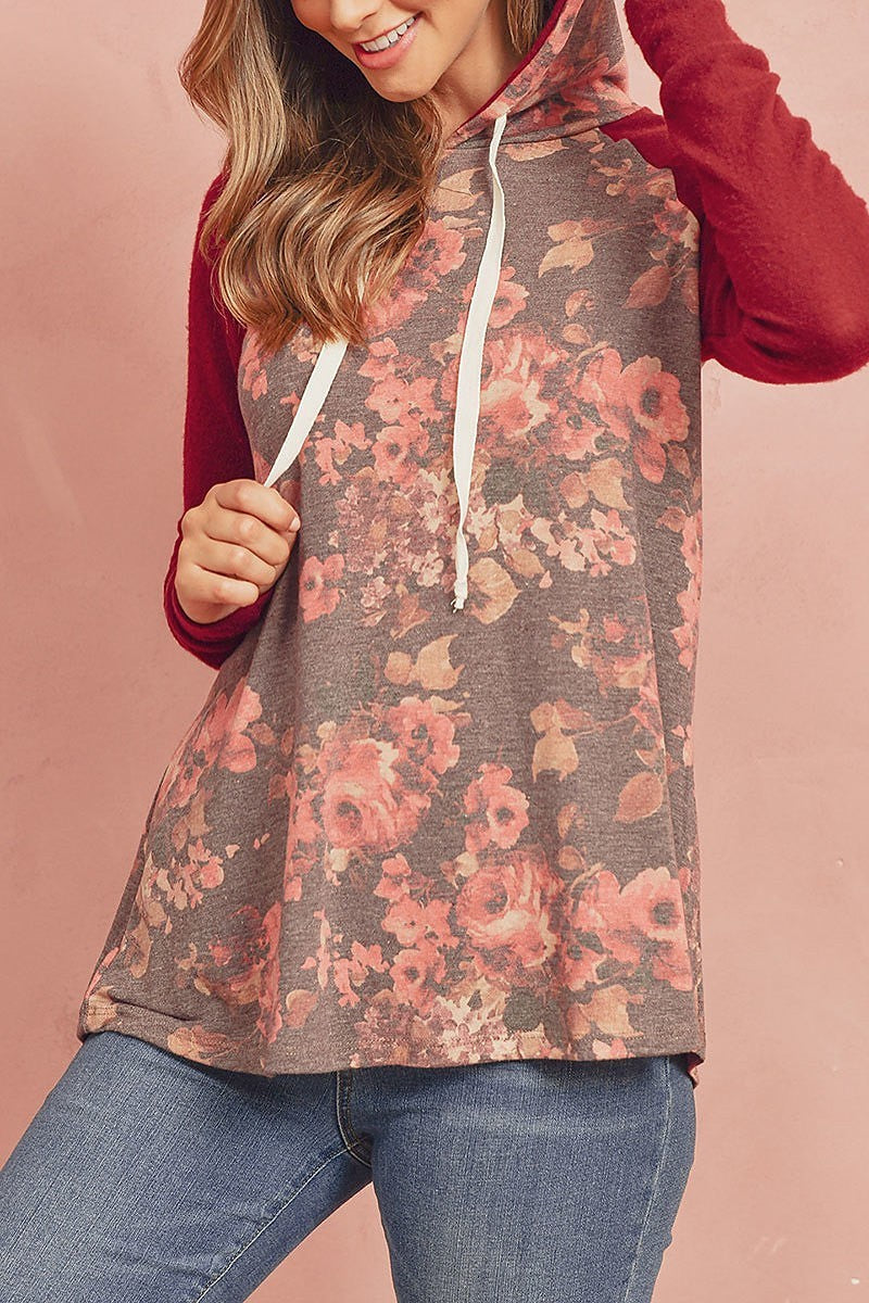 Floral hacci sleeved contrast hoodie with drawstrings (ED8158-59)