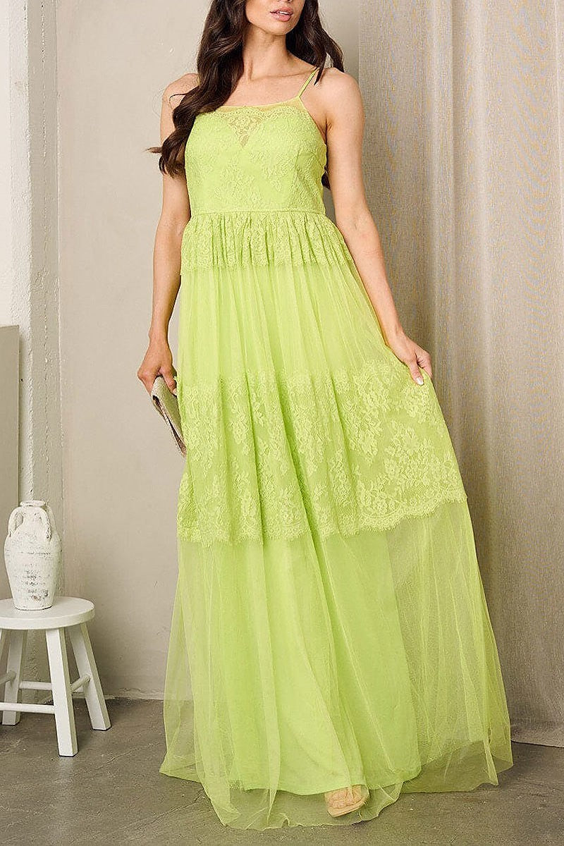 Sleeveless lace tiered maxi gown dress (EFWT2389)