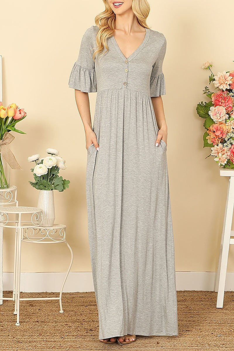 V-neck button detail side pocket solid maxi dress (DED9441)