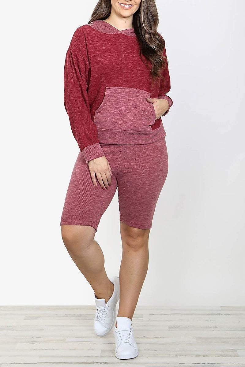 Color block pocket hoodie top and shorts set (XDG7365)