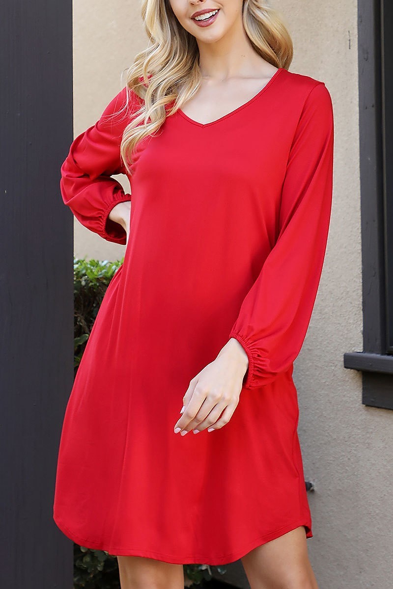 Solid v-neck tunnel long sleeve dress (DED8912)