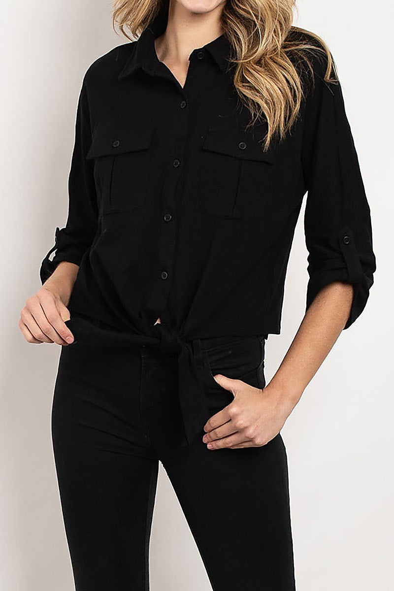 Button front waist tie pocket detail top (ED7940)