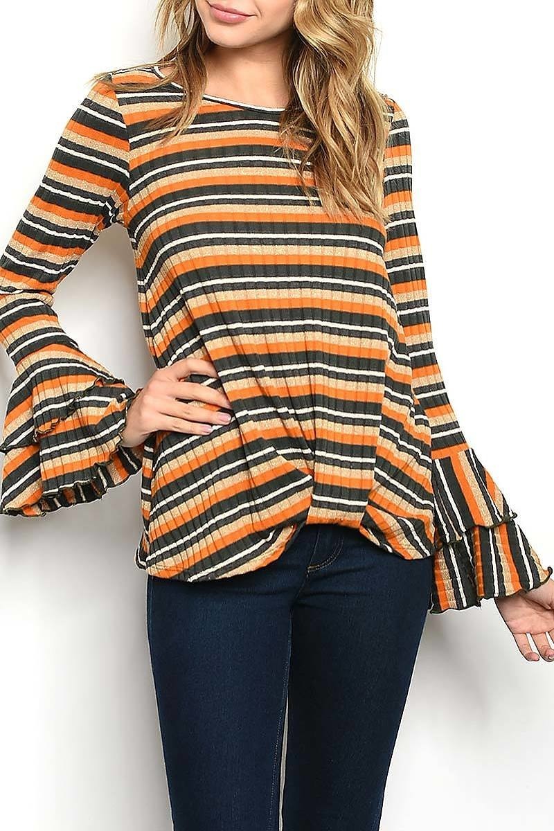 Twist front bell sleeve stripe top (ED4455-2020)