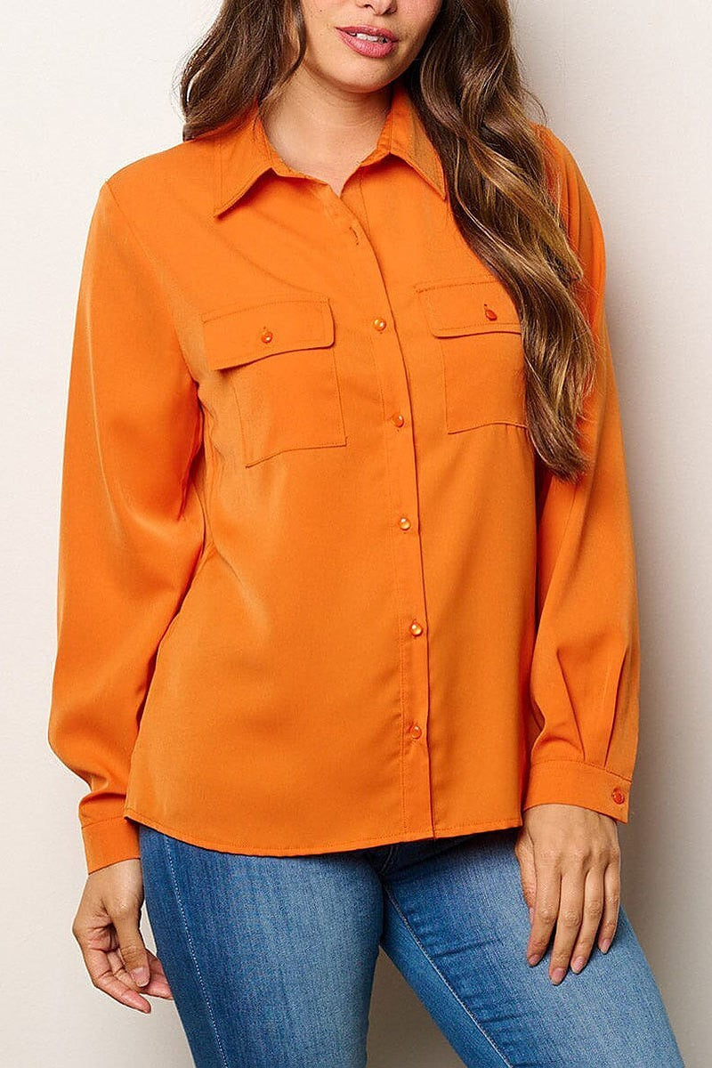 Long sleeve button up front pockets blouse top (EFWT8045)