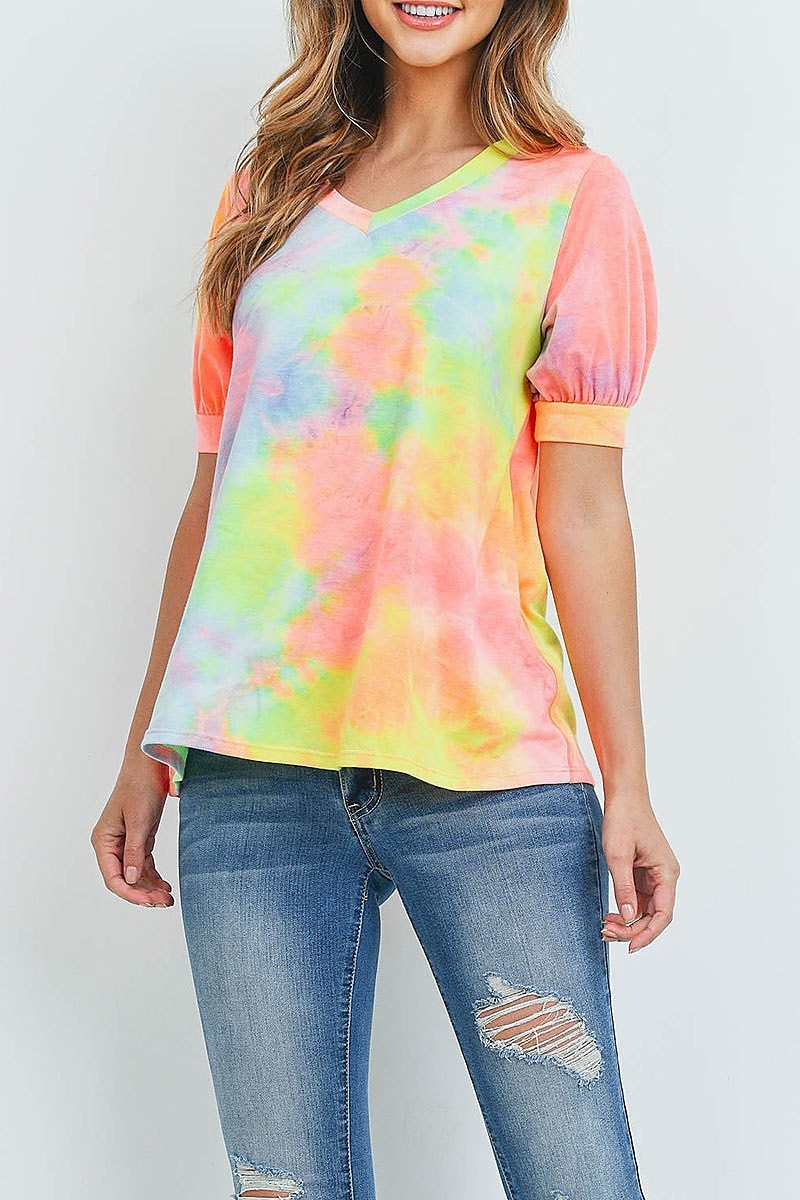 Puff sleeves v neck tie dye top (ED9163)