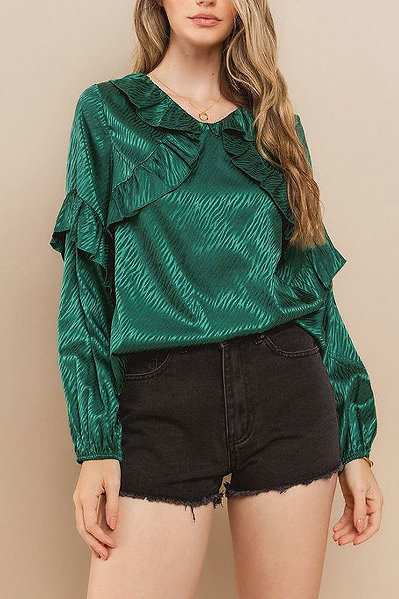 Long ruffle sleeve v-neck blouse top (EFWT8749)