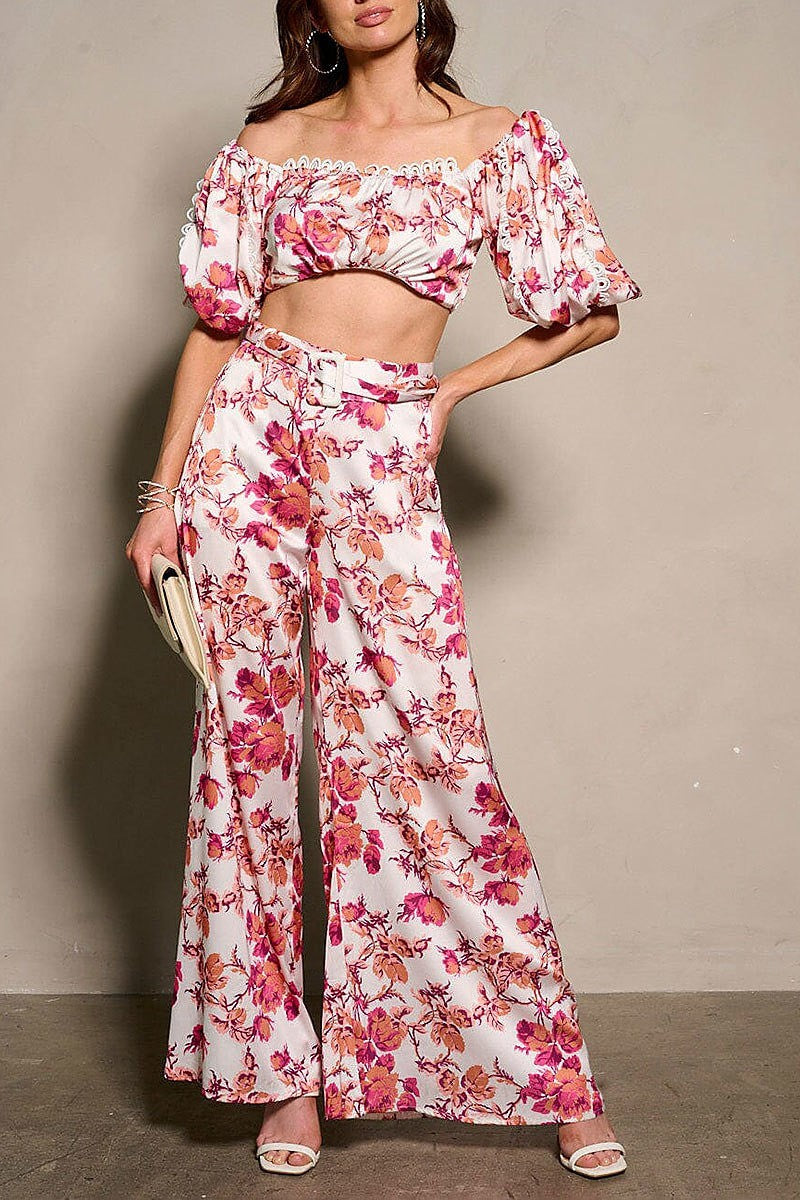 Short sleeve crop top & belted pants floral set (EFWT9512-2)