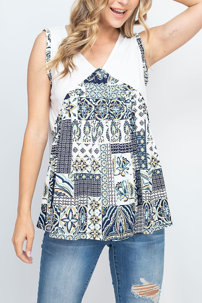 Solid yoke contrast printed sleeveless top (EF1945)