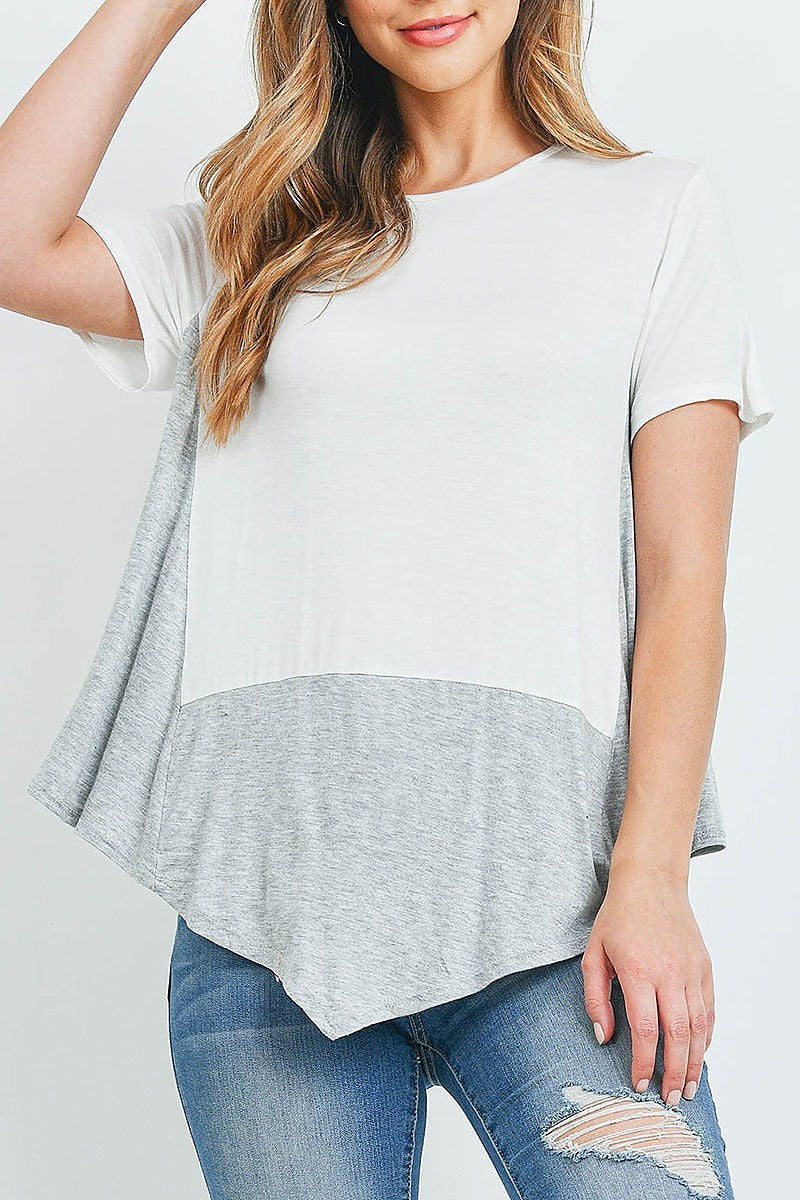 Asymmetrical hem color block top (ED9802)