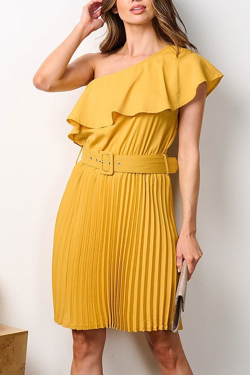 One shoulder ruffle belted pleated midi dress (EFWT7754)