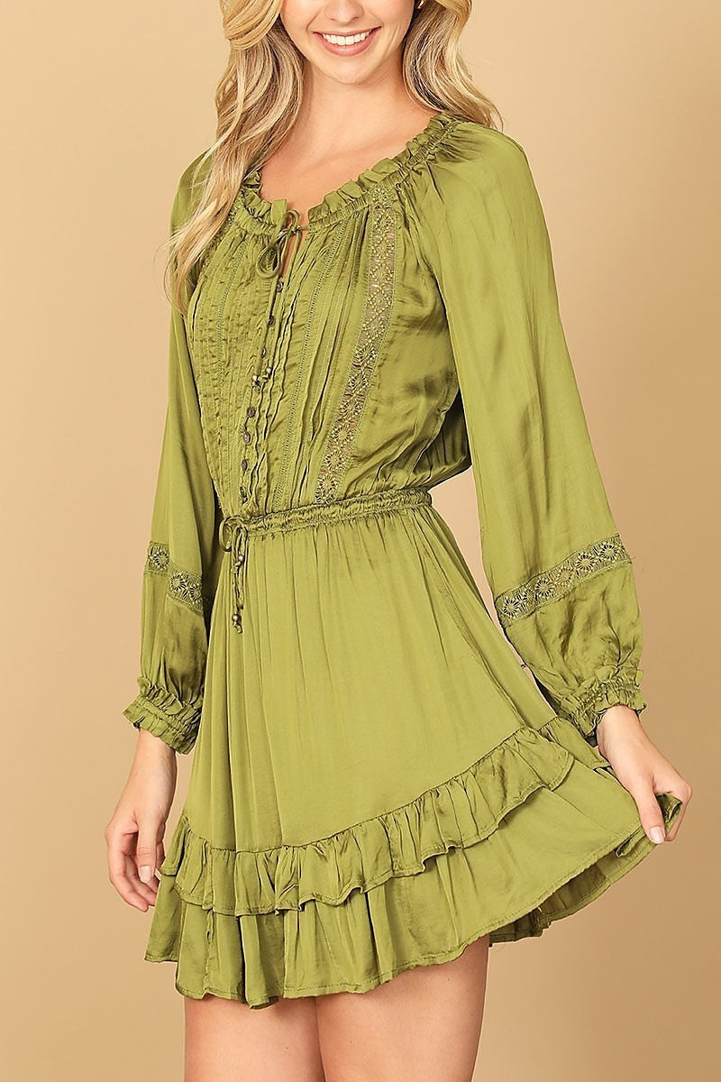 Long sleeve pleated front ruffle hem mini dress (DED9784)