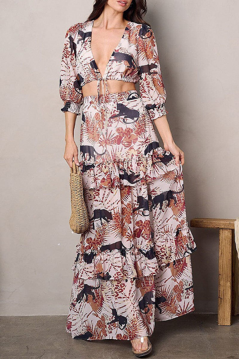 Quarter sleeves top and maxi skirt print sets (EFWT2070)