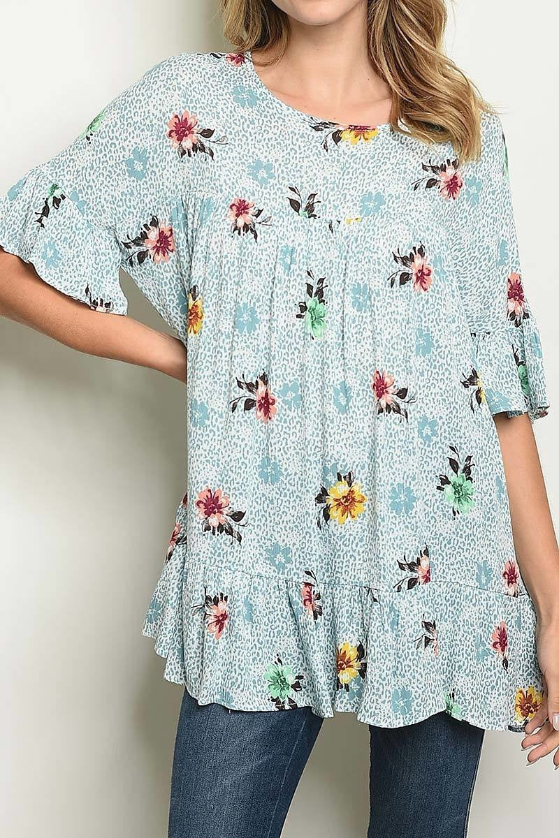 Boat neck floral print ruffle detail loose fit top (ED5239-LAST)