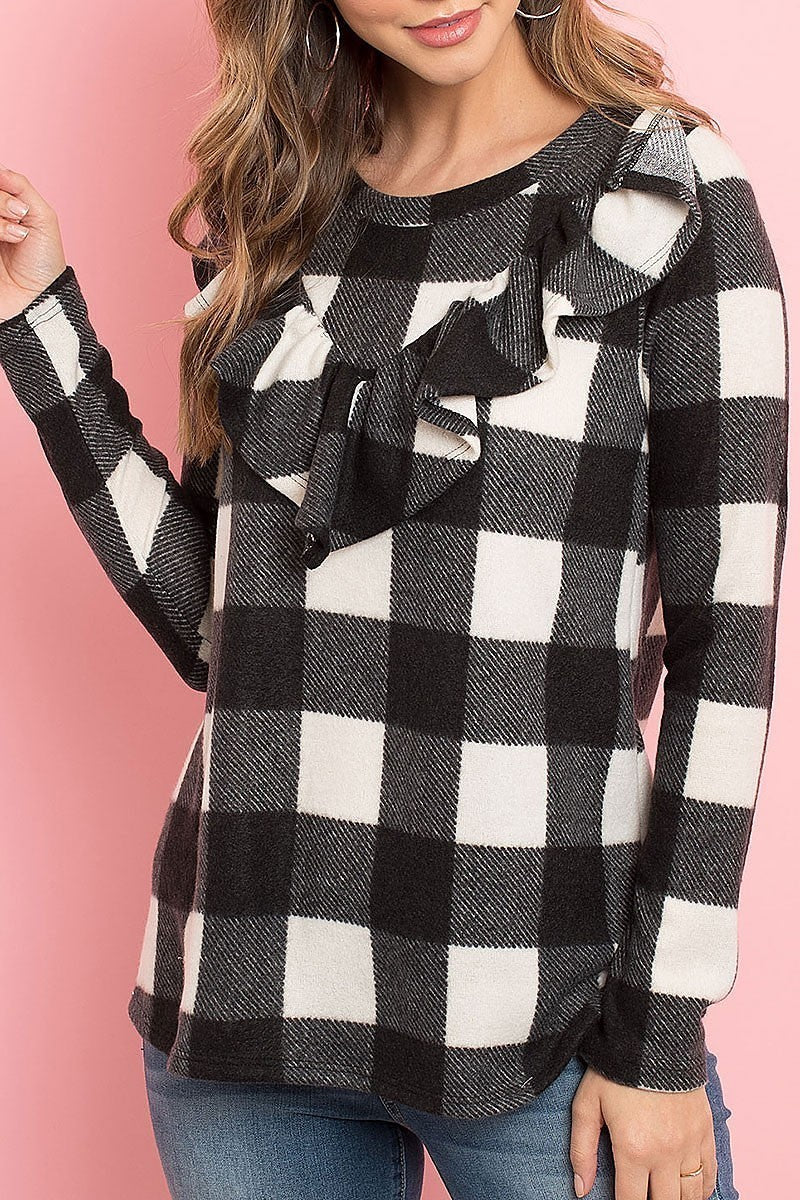 Brushed plaid ruffle detail long sleeve top (EF7893)