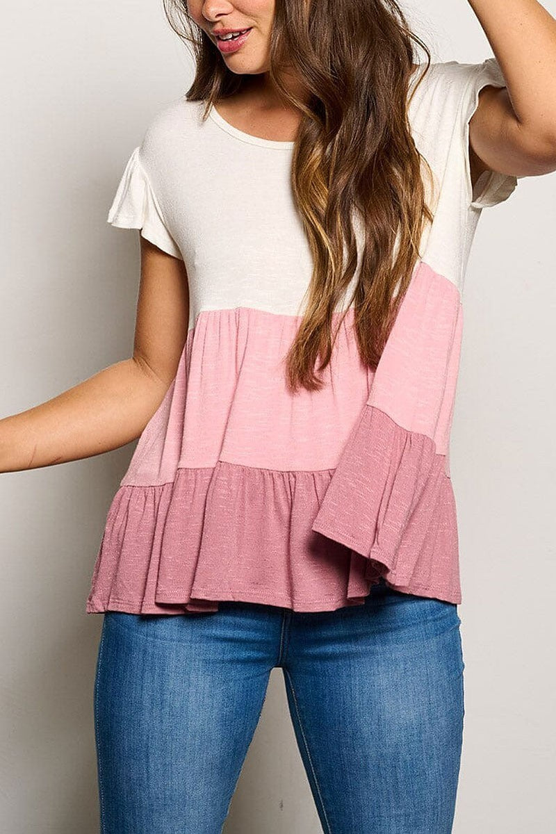 Short sleeve tiered colorblock tunic blouse top (EGWT1248)