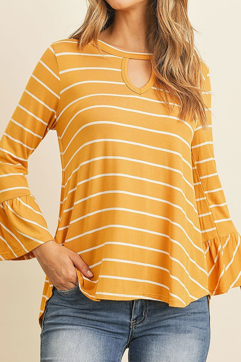 Key hole neck bell sleeve stripe top (ED7841)