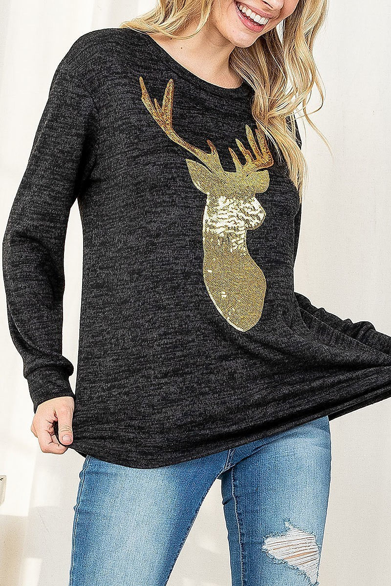 Brushed hacci sequins reindeer shape top (EF2505)