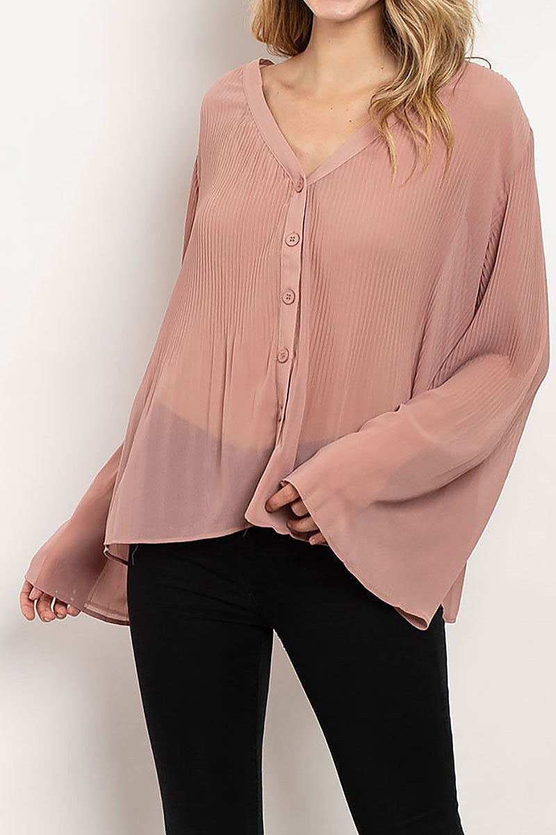 V neck pleated button front sheer top (ED7937)