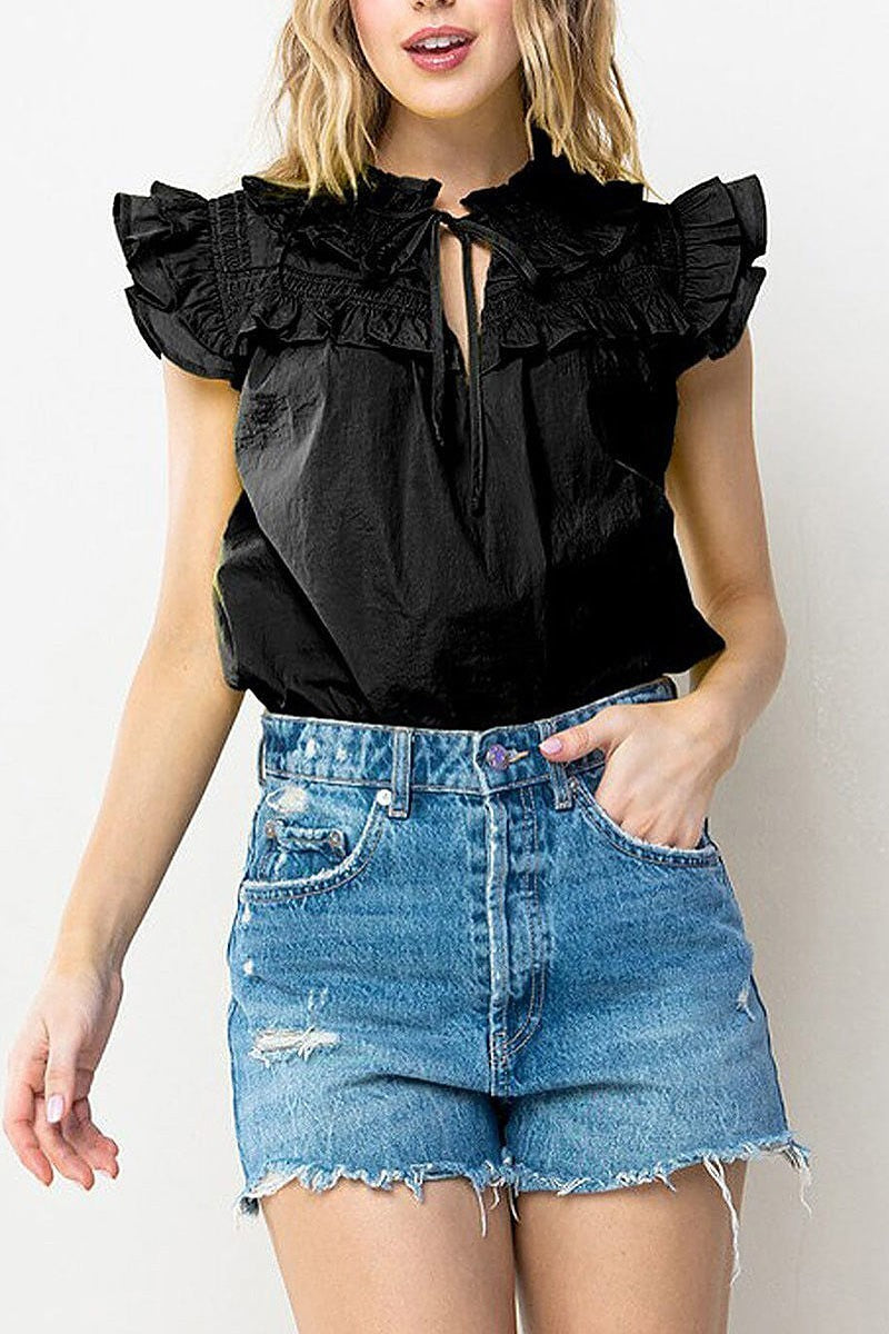 Ruffle sleeve neck tie blouse top (EFWT8742)