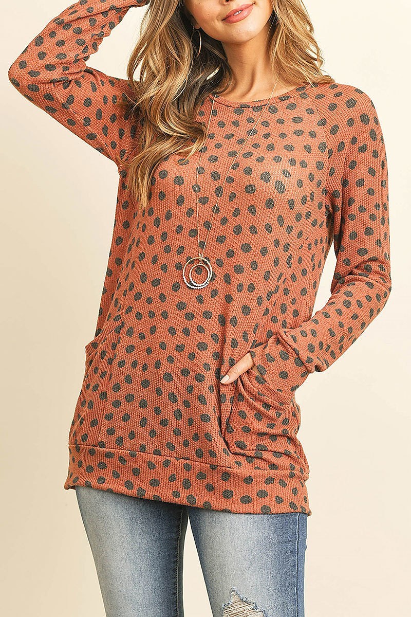 Animal print rib detail long sleeved pocket top (ED8543)