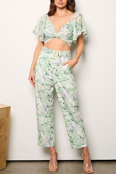 Crop top & belted pockets pants leag print set (EFWT9235)