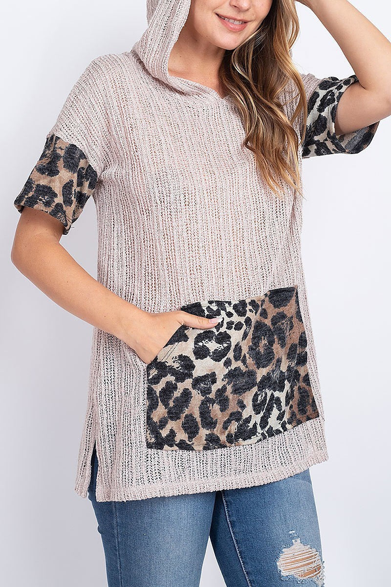 Animal print ribbed knit color block hoodie top (EF1905)