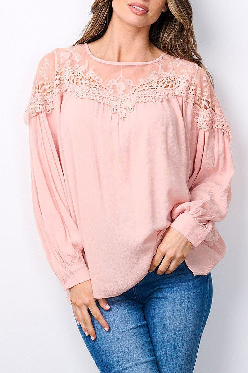 Long sleeve lace detailed tunic blouse top (EFWT7486)