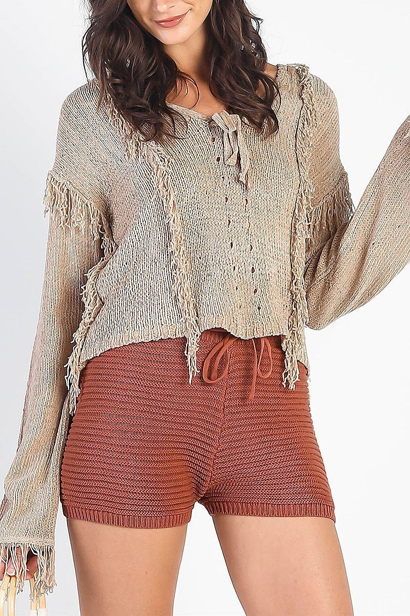 Fringe trimmed v neck sweater (TDG9842)