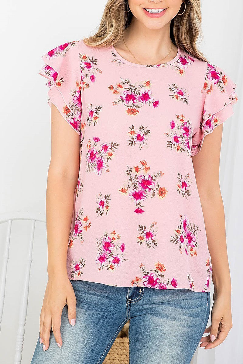 Ruffle sleeve round neck floral blouse (EF4371)