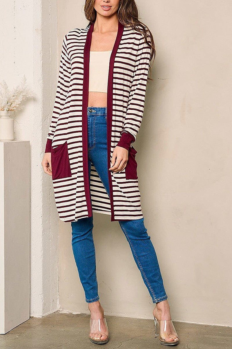 Long sleeve open front pockets stripes cardigan (EFWT4360)