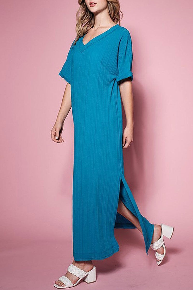 Short sleeve v-neck tunic ribbed maxi dress (EFWT9537)