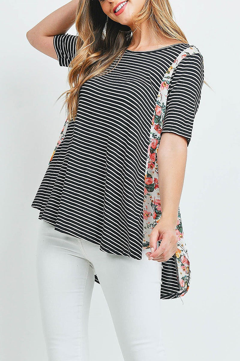 Floral print stripe color block top (ED9833)