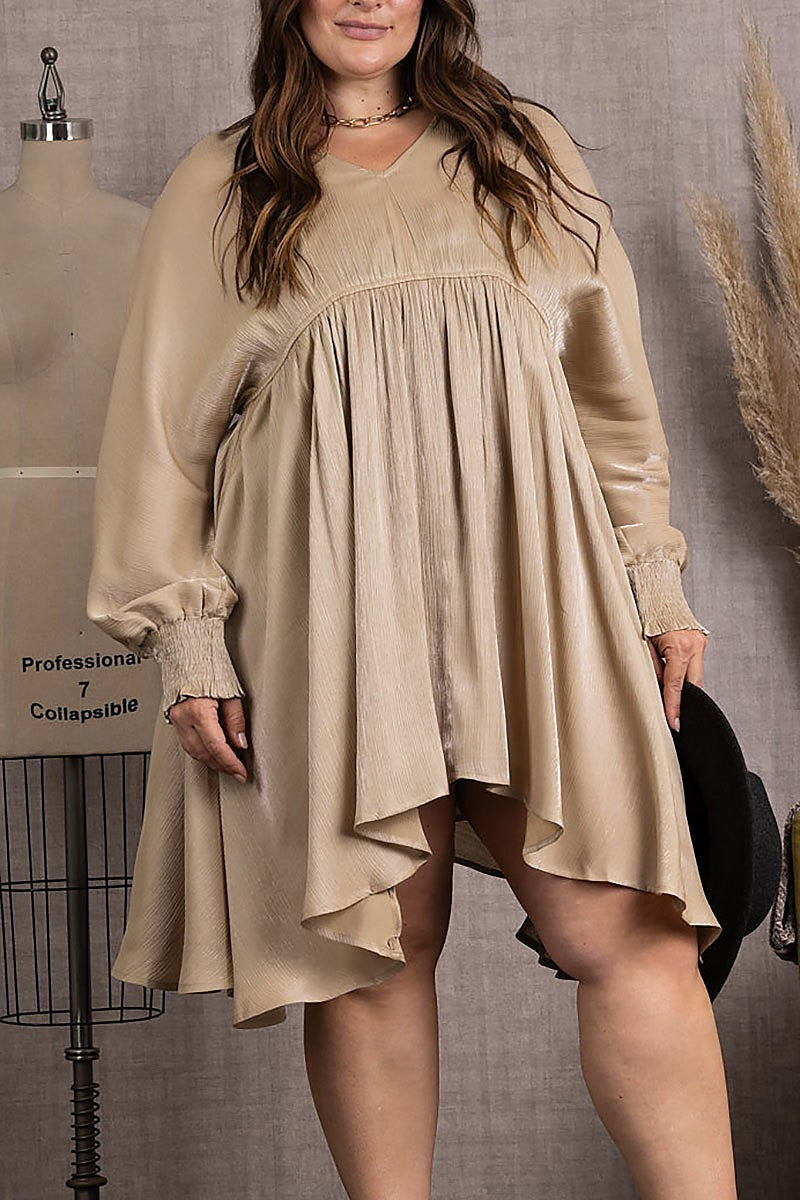 V-neck long sleeves plus size midi dress (EDSW3739)