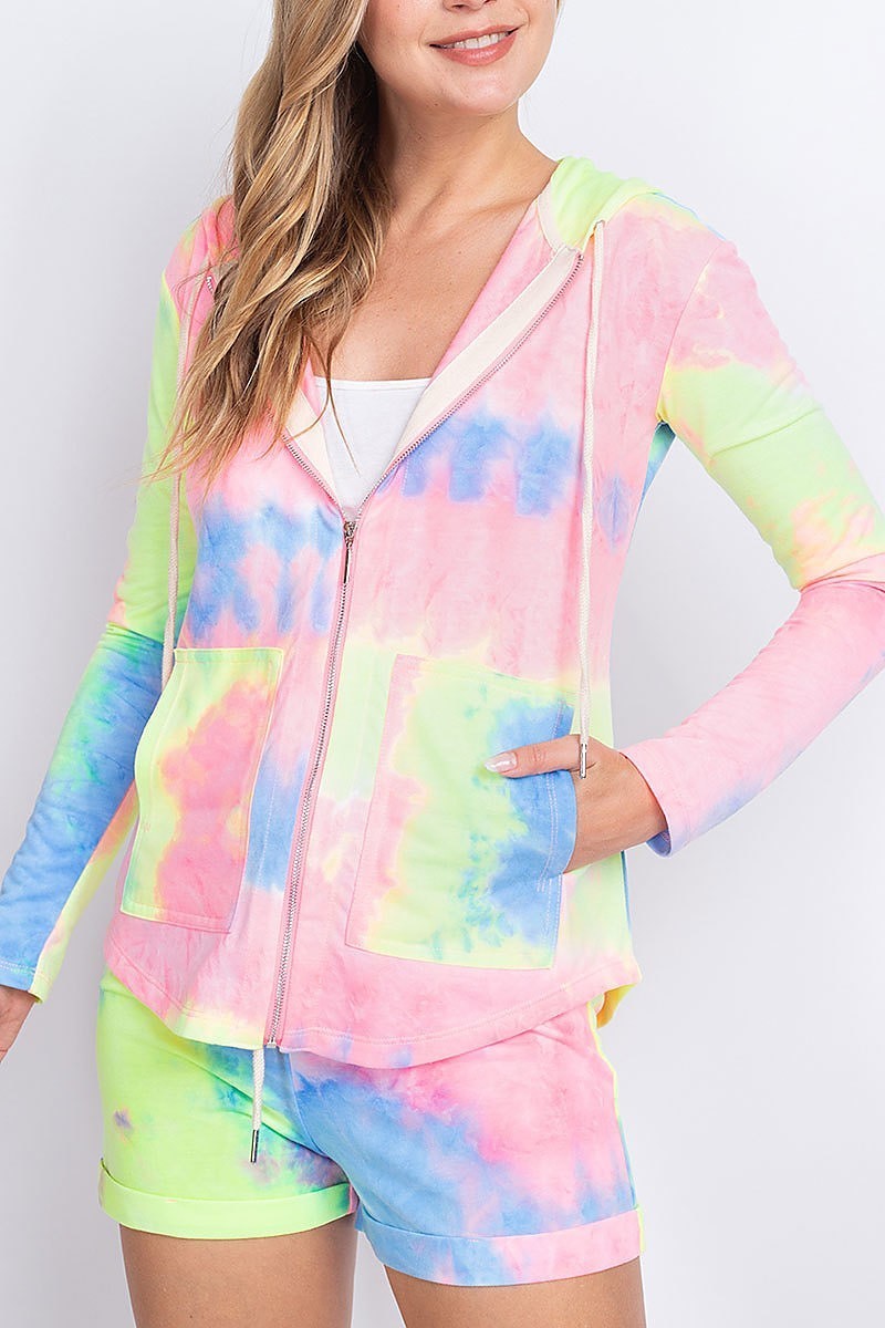 Pocket detail hoodie tie dye jacket and short set (EF1924)