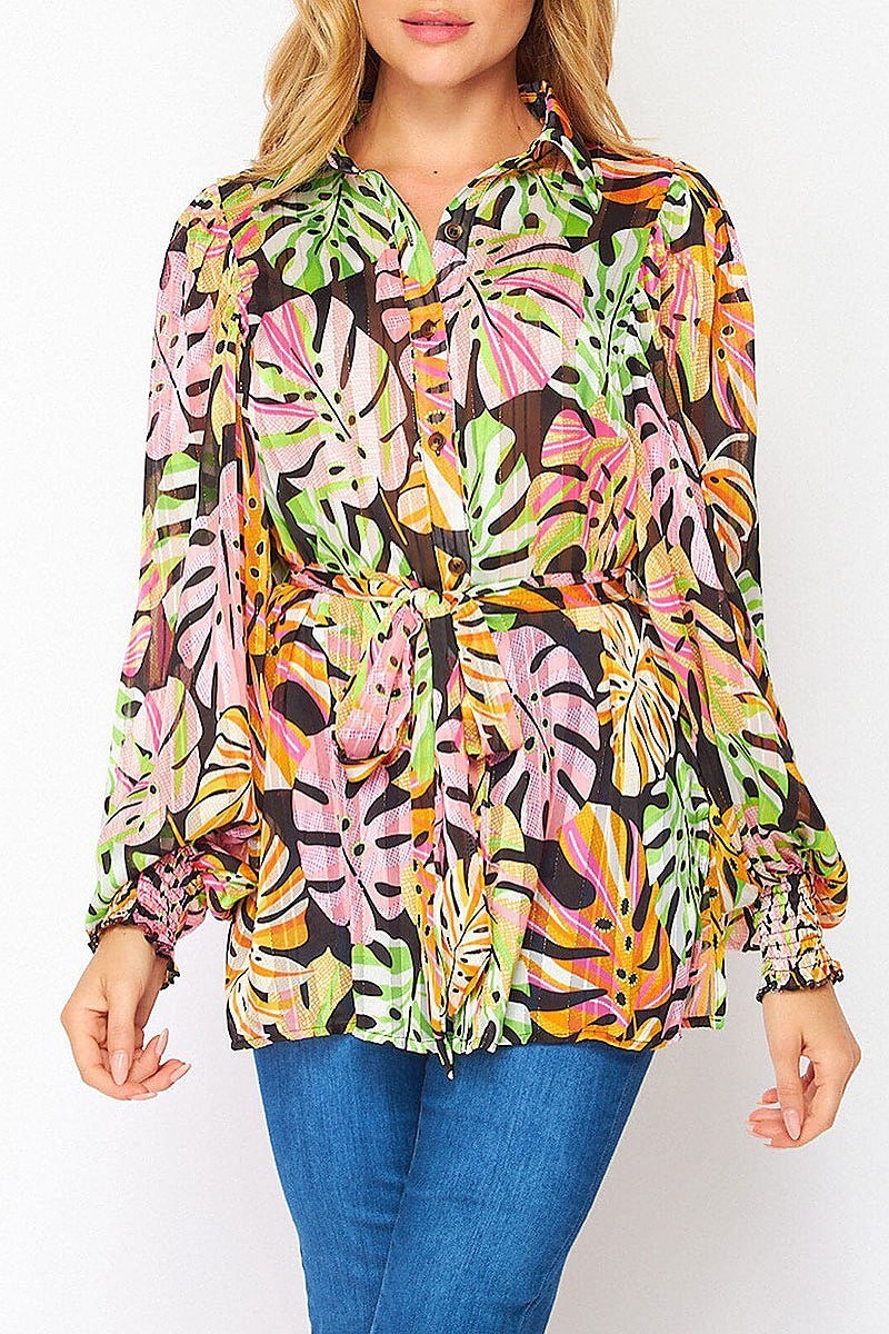 Long sleeve button up leaf print blouse top (EFWT6432)