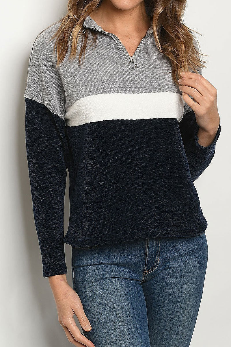 Zipper neck color block chenille sweater (DGS4633)