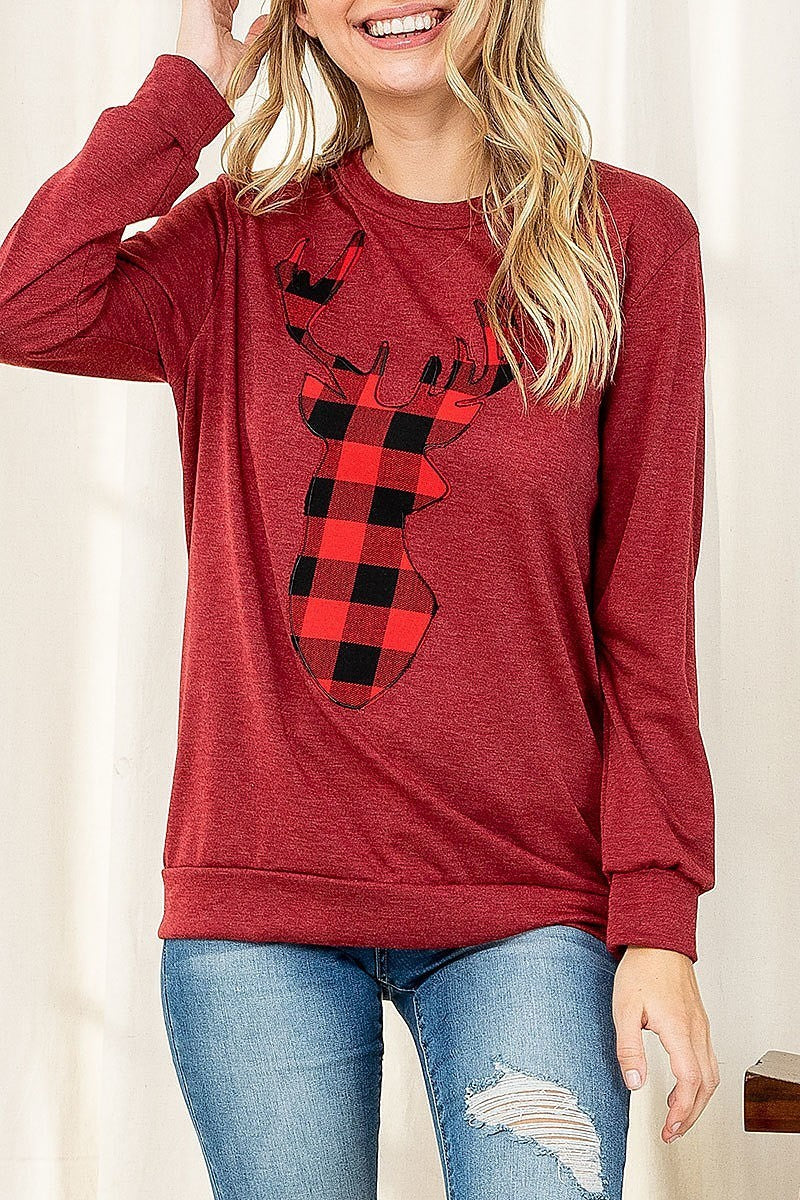 French terry long sleeve plaid reindeer print top (EF2506)