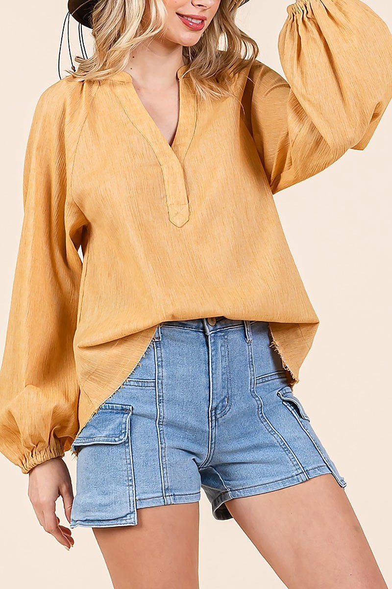 Solid long sleeve woven gauze v-neck blouse (EDH2224)